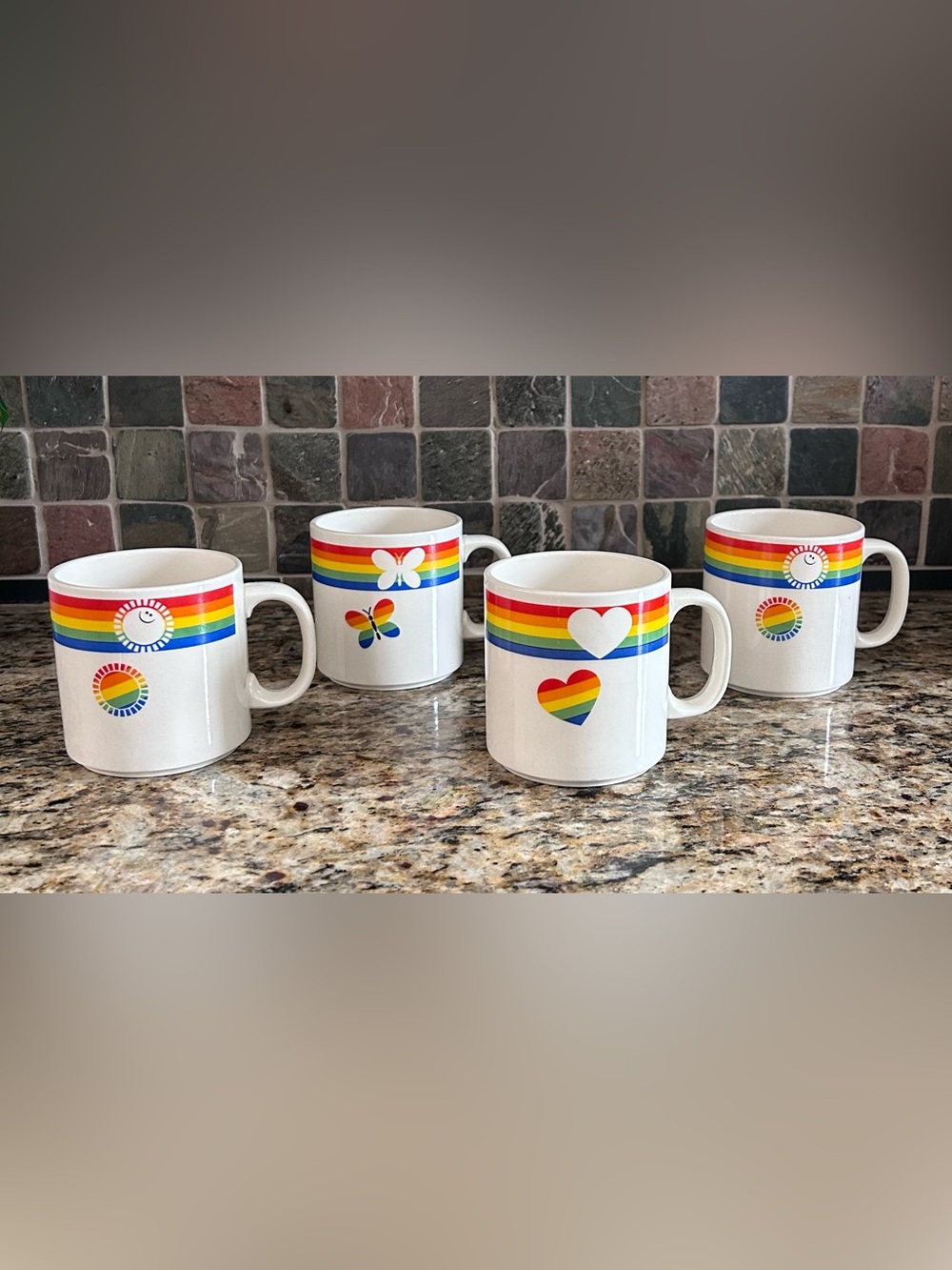 Russ White Mugs with Rainbow Bands and Colorful Icons (Set of 4)